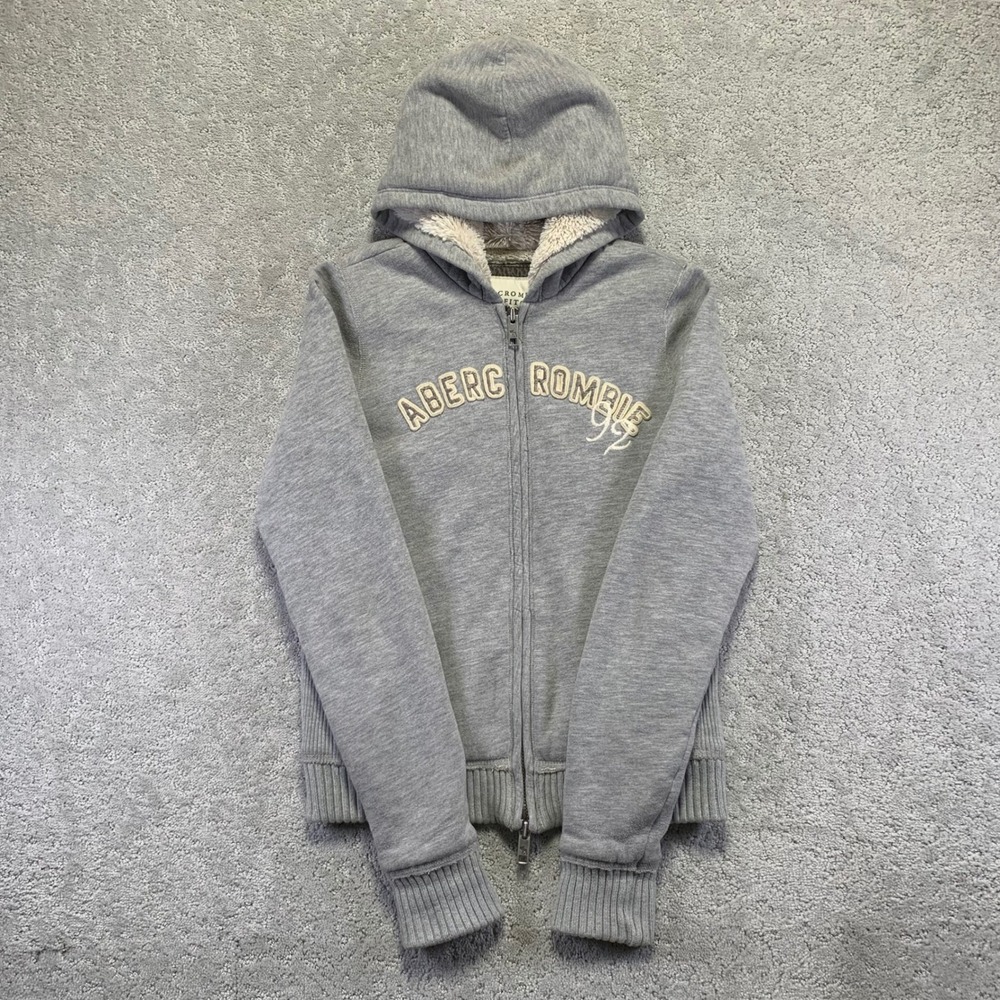 VINTAGE Y2K Abercrombie & Fitch Hoodie Womens Large Faux Fur Lined Zip Up Gray‎